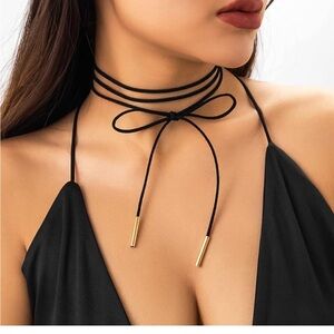 Black Suede Wrap Choker Necklace with Gold Tips